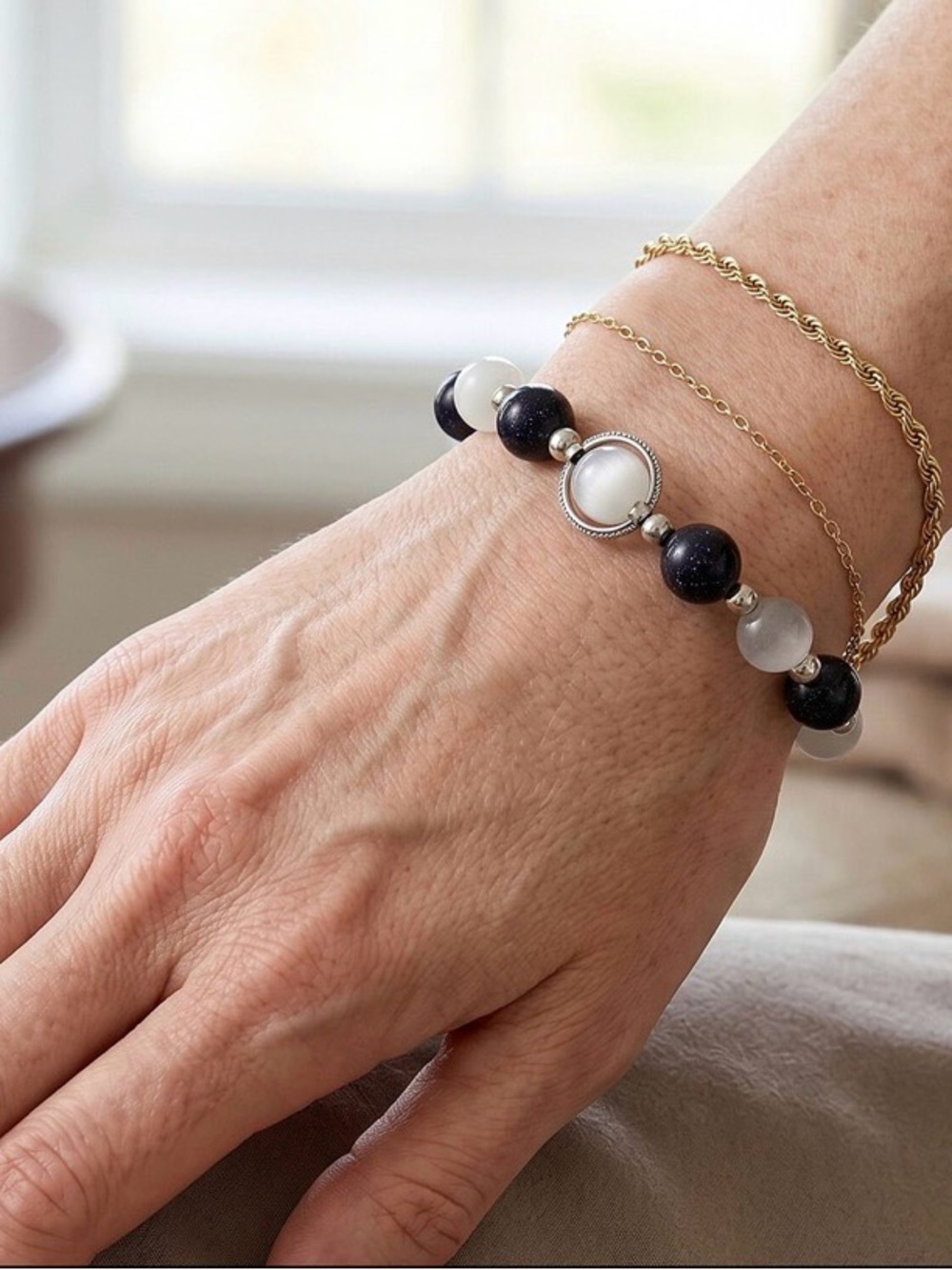 Blue Sandstone & White lab created Cat Eye stretch bracelet